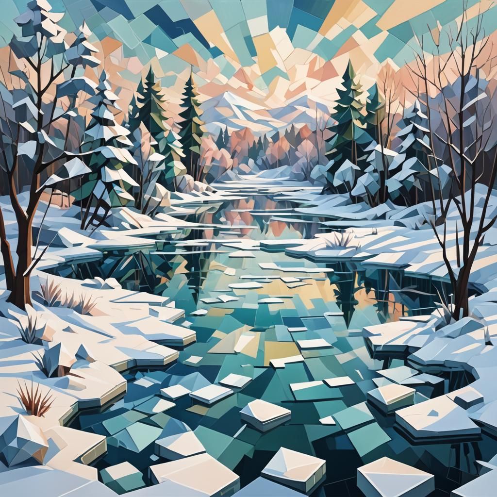 Frozen Pond: A Cubist Winter Landscape