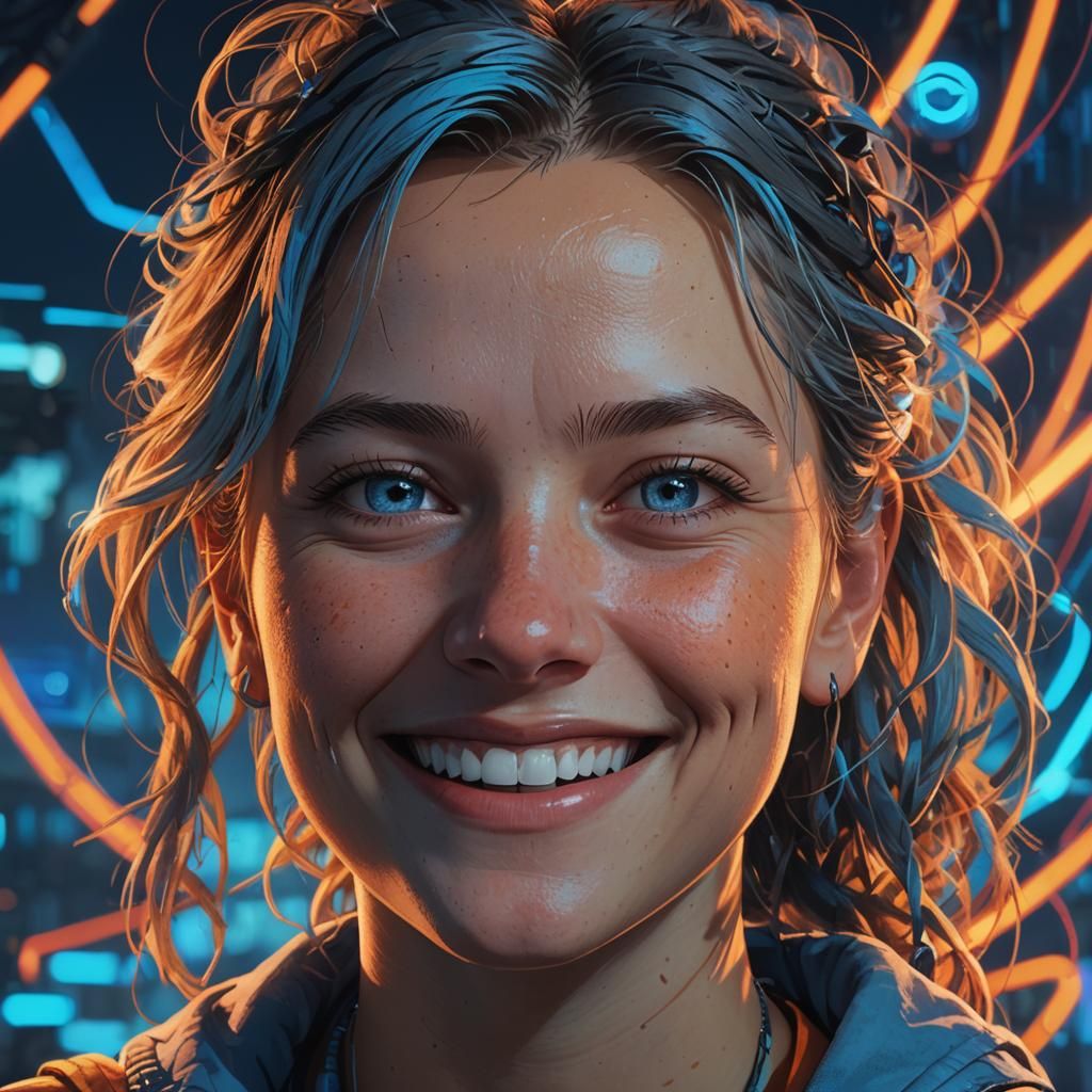 Smiling Face with Detailed Logo in Neon Lighting