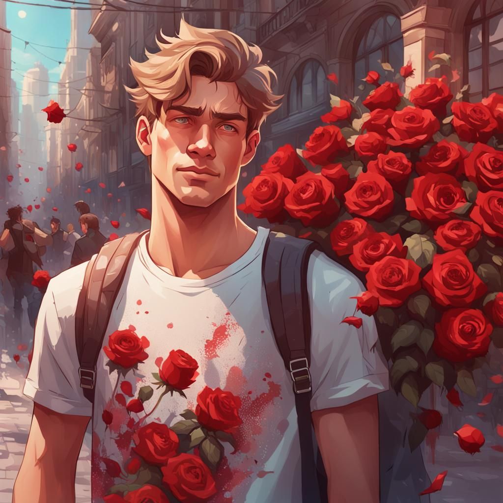 Happy Young Man with Roses Portrait