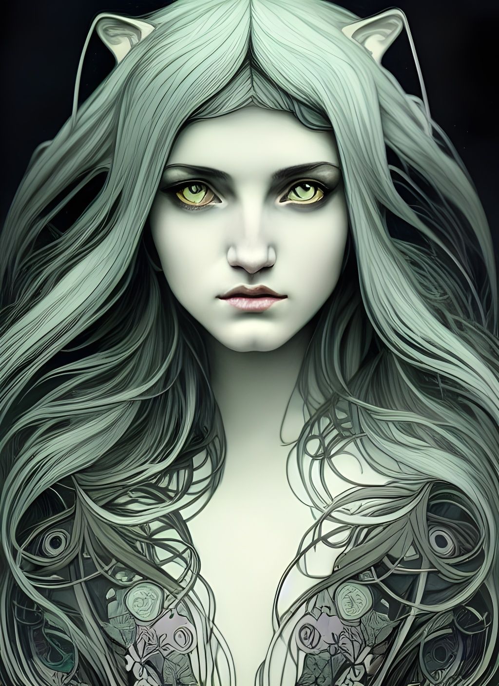 Beautiful Wolf Girl: Art Nouveau Digital Illustration