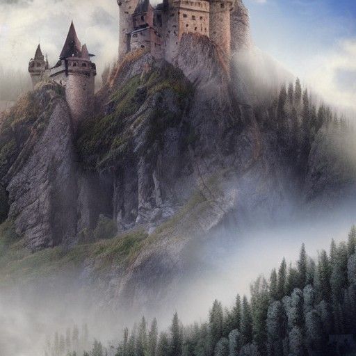 Misty Castle on Mountainside: Matte Painting