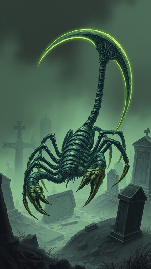 Skeletal Scorpion-Reaper Stalks Haunting Graveyard Scene