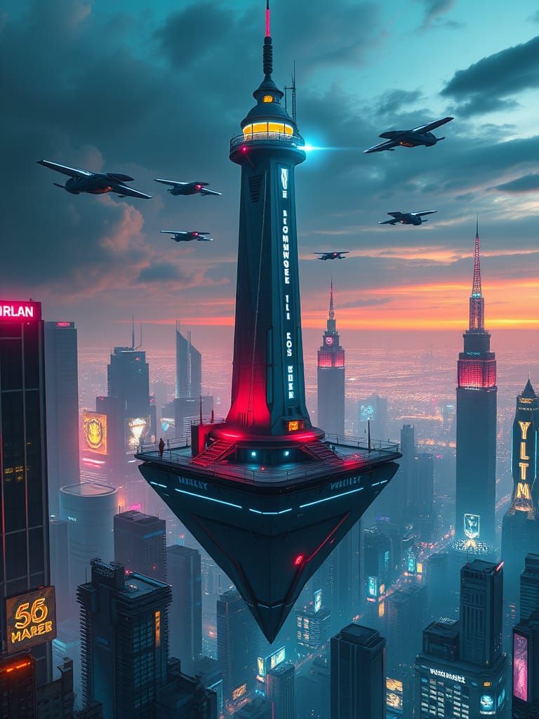 Futuristic Lighthouse in Cyberpunk Cityscape