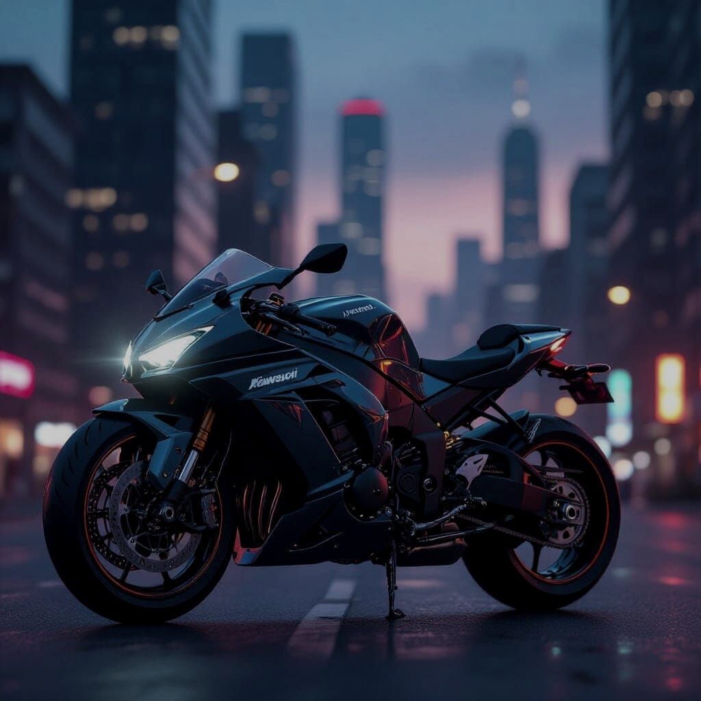 Kawasaki Motorcycle in a Cyberpunk Cityscape