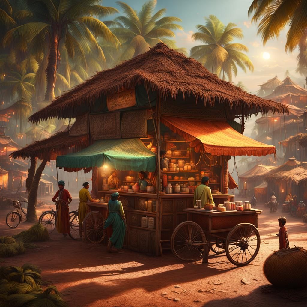 Indian Vintage Road Scene with Tea Stall