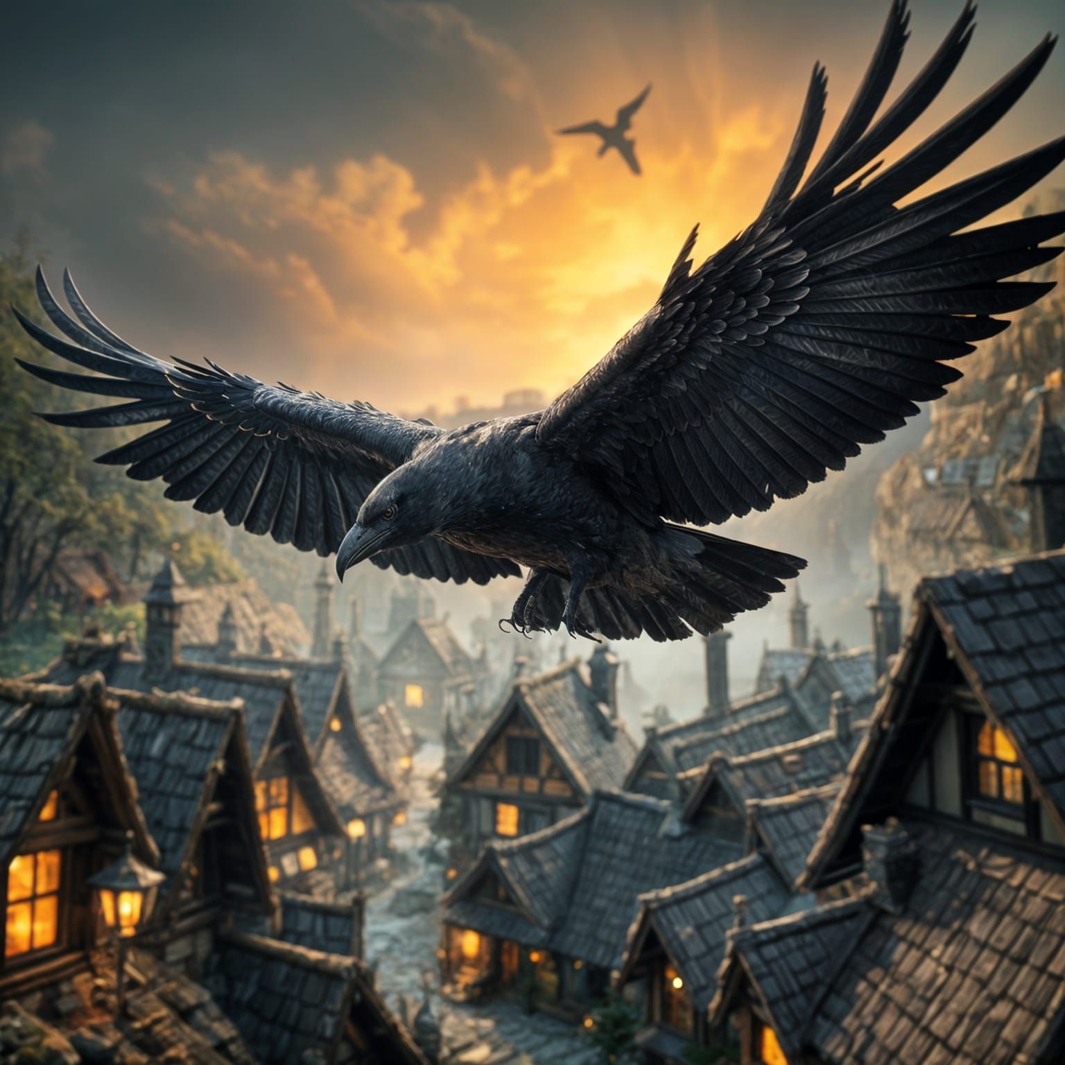 Raven Over Hamlet in Detailed Fantasy Art