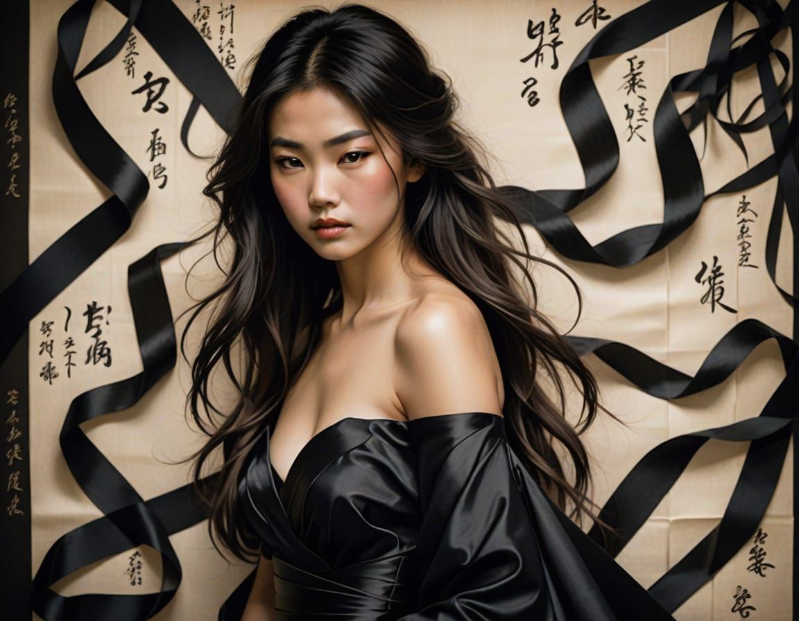 Shirtless Japanese Woman in Dramatic Calligraphy Art