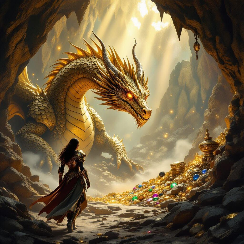 Brave Adventurer Faces Golden Dragon in Gem-Filled Cavern