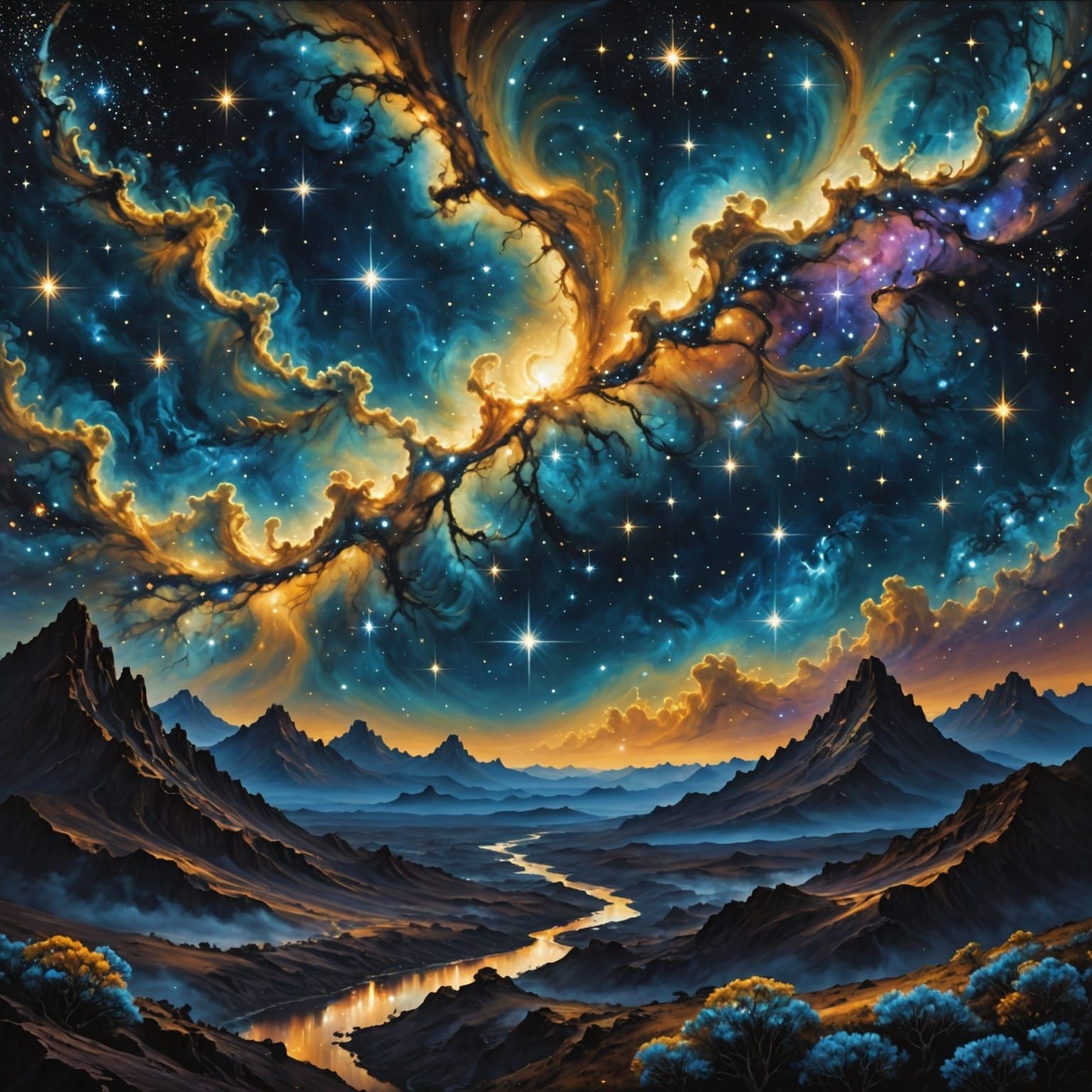 Surreal Cosmic Landscape with Shimmering Black Mountains