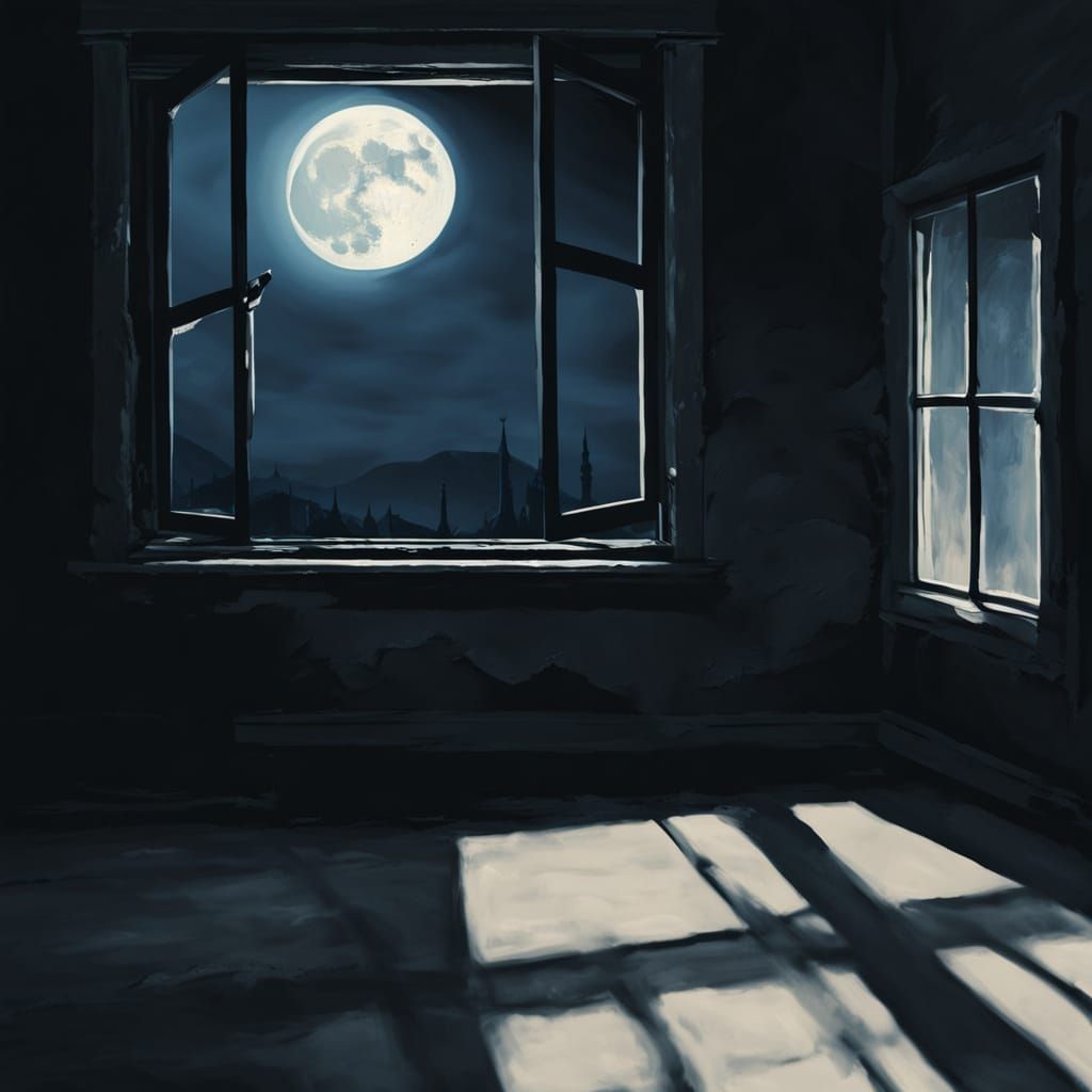 Eerie Moon Through Window in German Expressionist Style