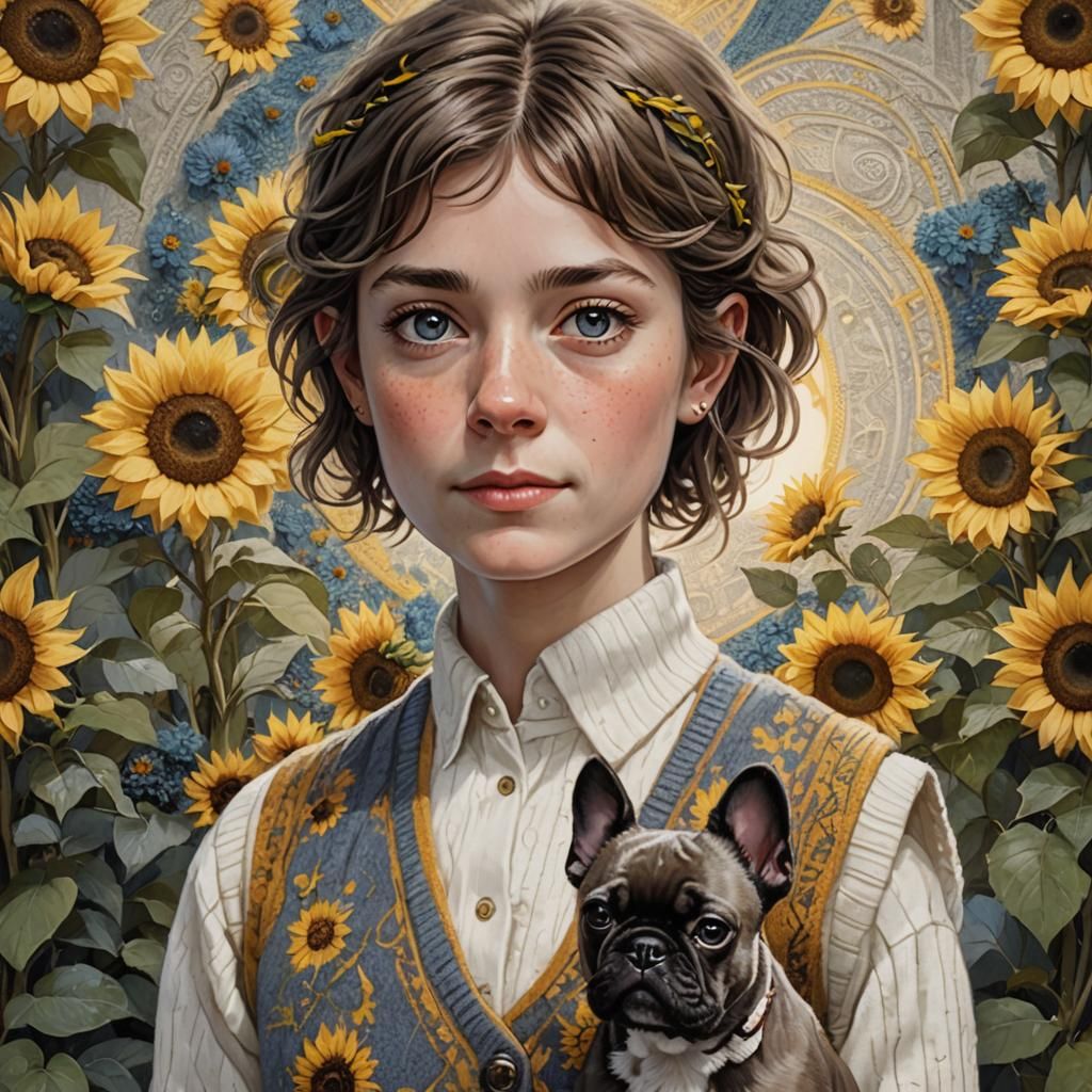 Hobbit Woman Portrait with Bulldog, Detailed Fantasy Art