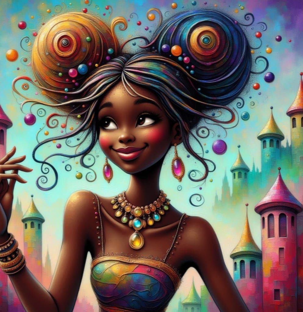 Rainbow Enchantress Casting Spell in Whimsical City