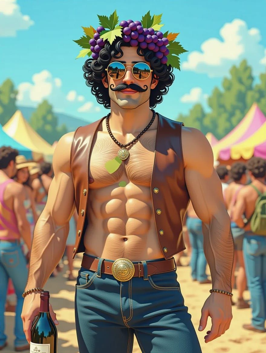Drunk Vintage Hippie Dionysus at Woodstock