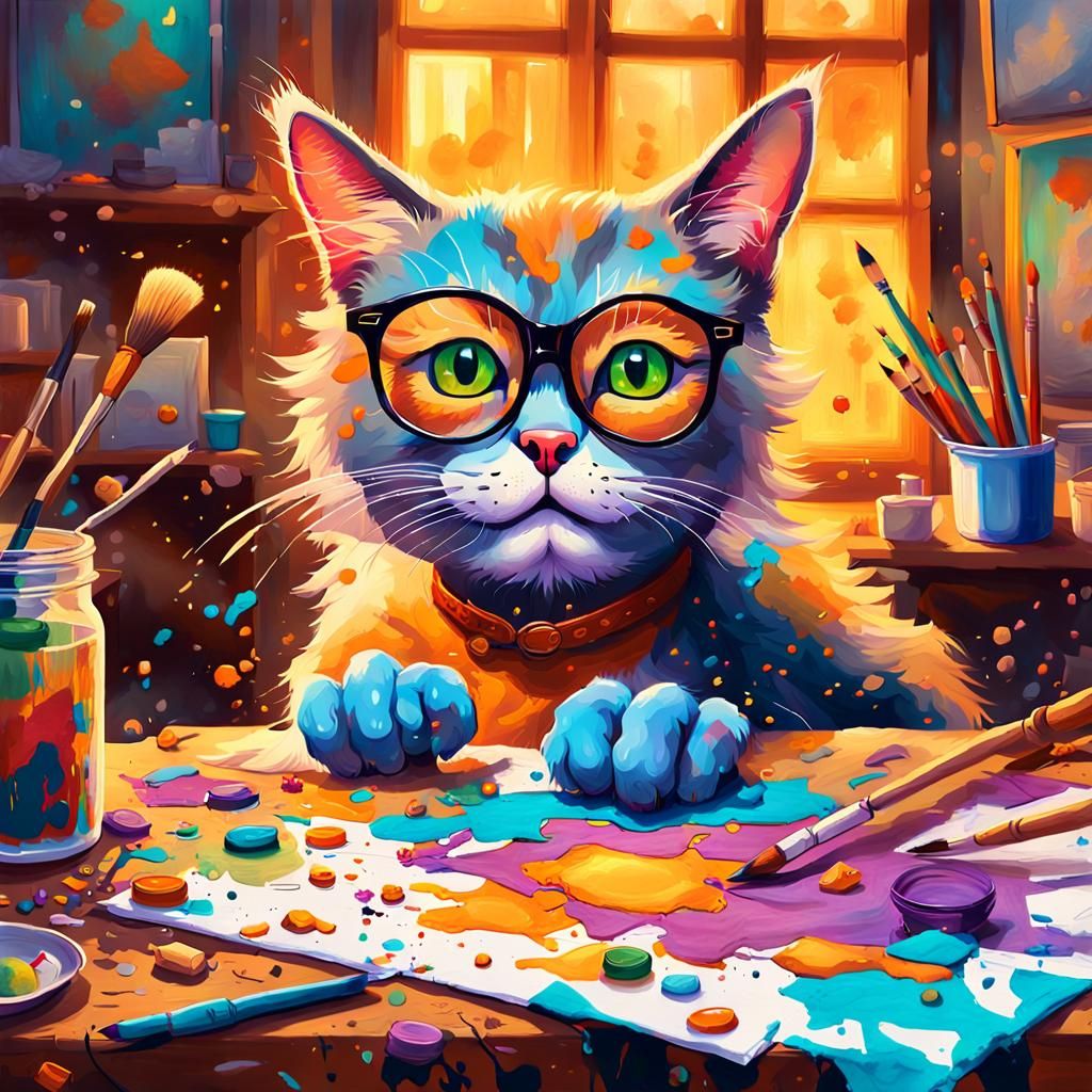 Cat Artist's Messy Oil Painting Workshop