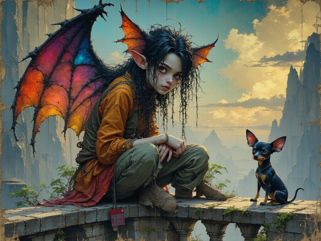 Gargoyle with Fuzzy Chihuahua Friends Under the Starry Night...