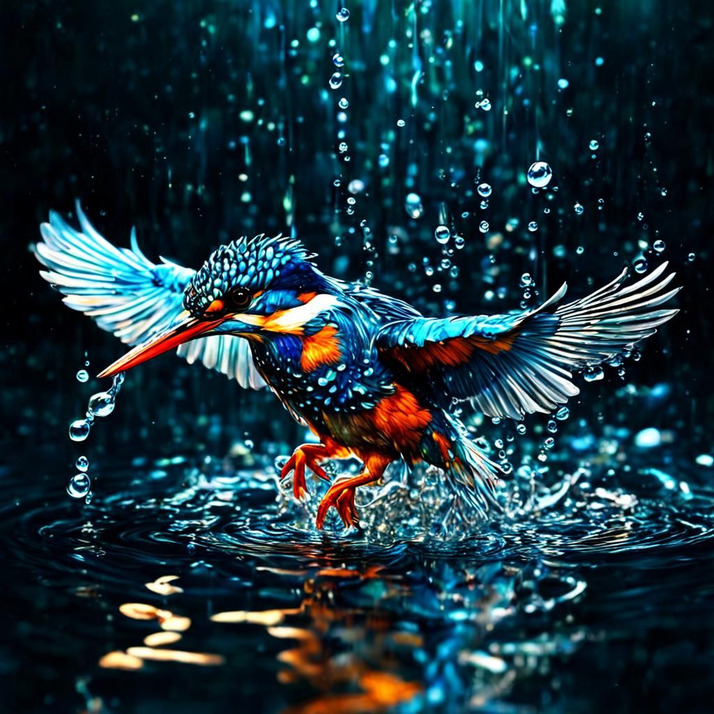 Kingfisher Splashing: Luminous Opalescent CGI Art
