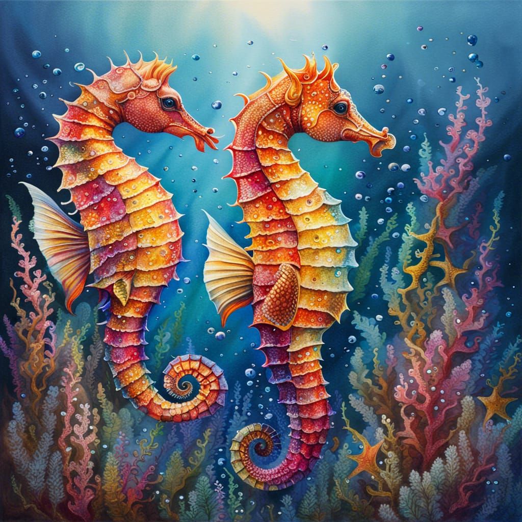 Colorful Seahorses in Watercolor Undersea Scene