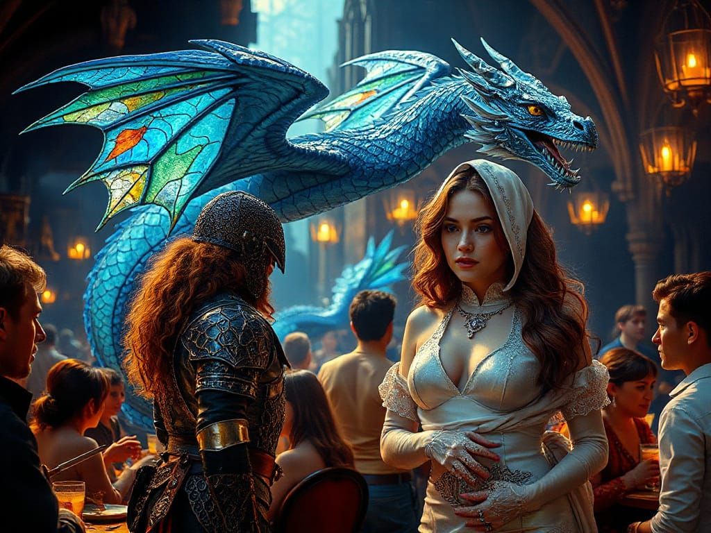 Tavern Scene with Bard and Stardust Woman in Art Nouveau Sty...