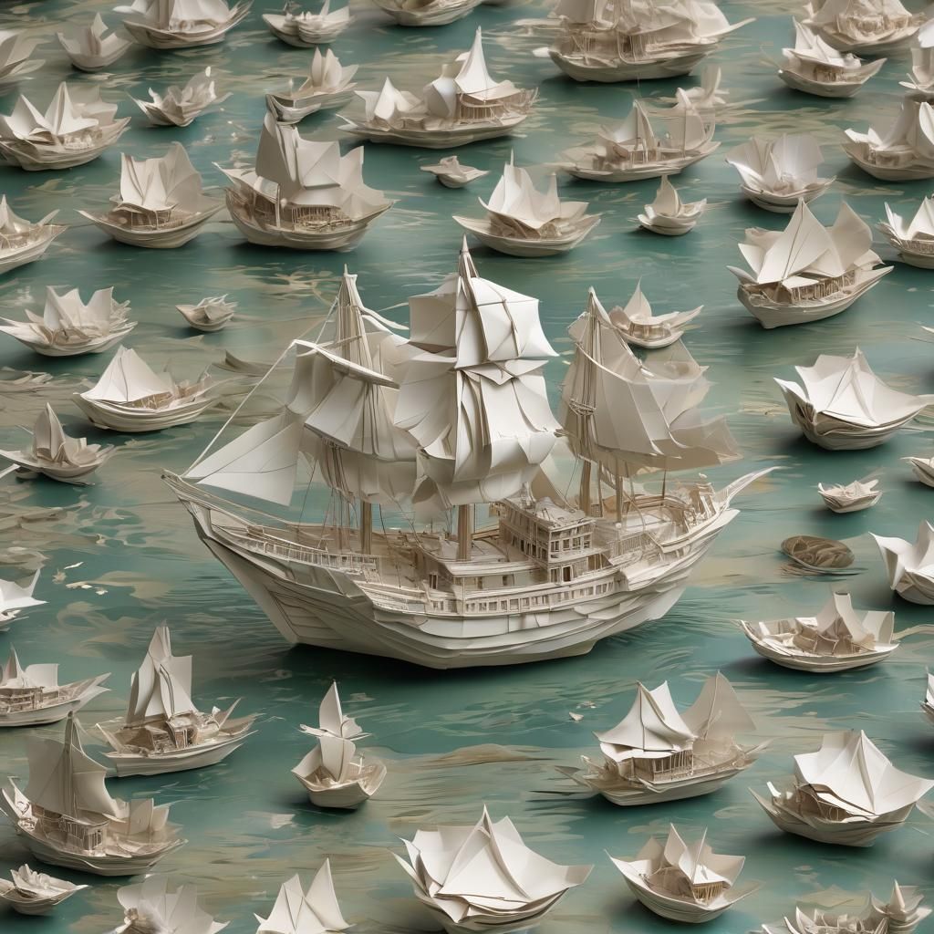 Giant Origami Ship on Lake in Papercraft Style