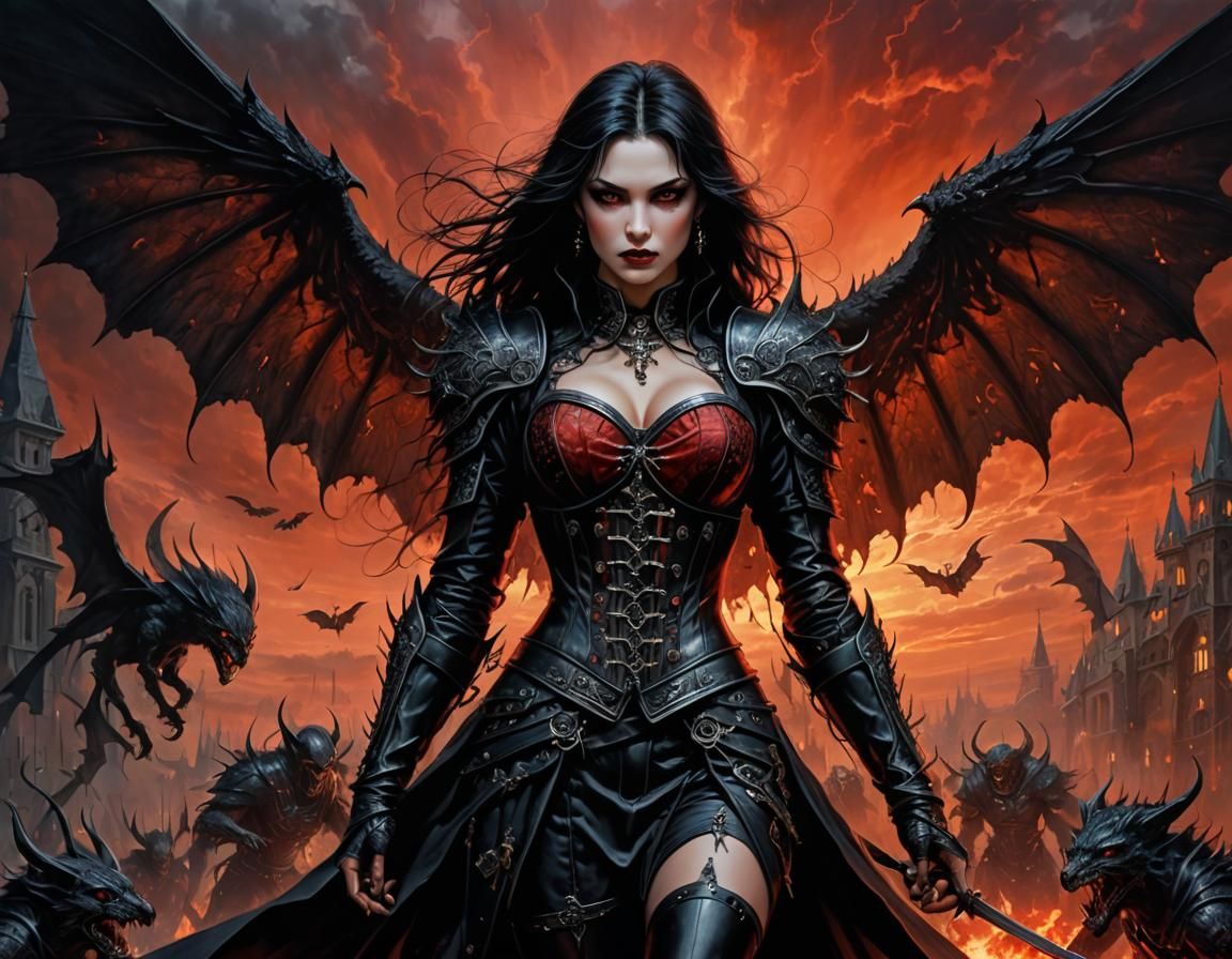 Gothic Vampire Angel in Sinister Red Sky