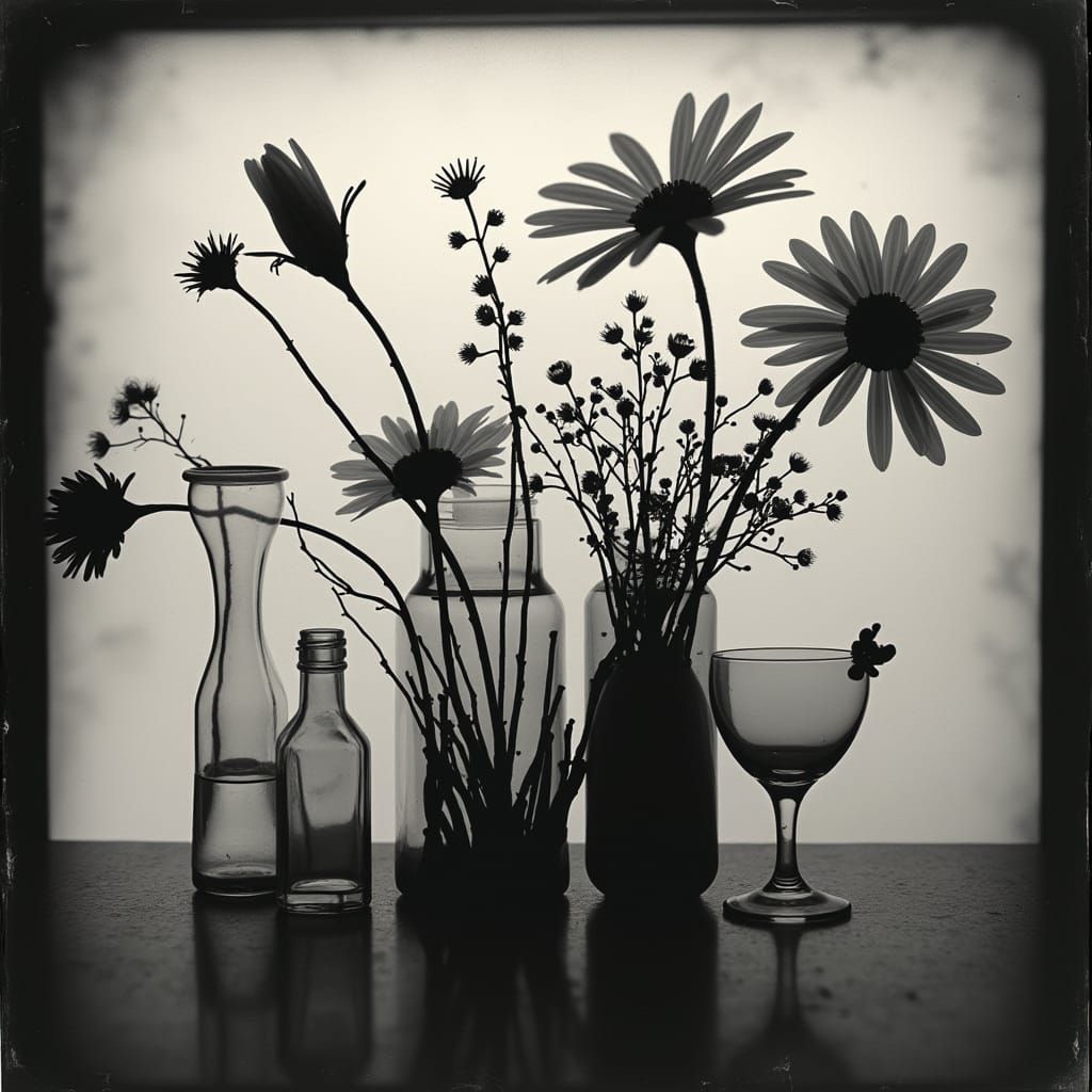 Abstract Rayograph Photogram with Flowers and Glassware