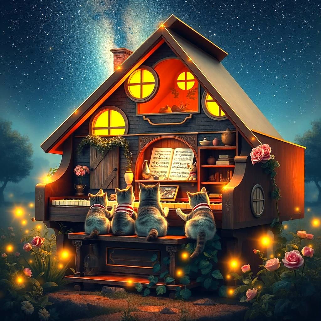 Whimsical Grand Piano House with Adorable Angora Cats