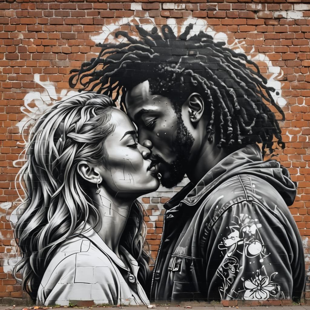 Graffiti Street Art Portrait of Kissing Couple
