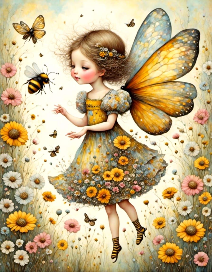 Bumblebee Girl Dancing: Whimsical Hundertwasser Style