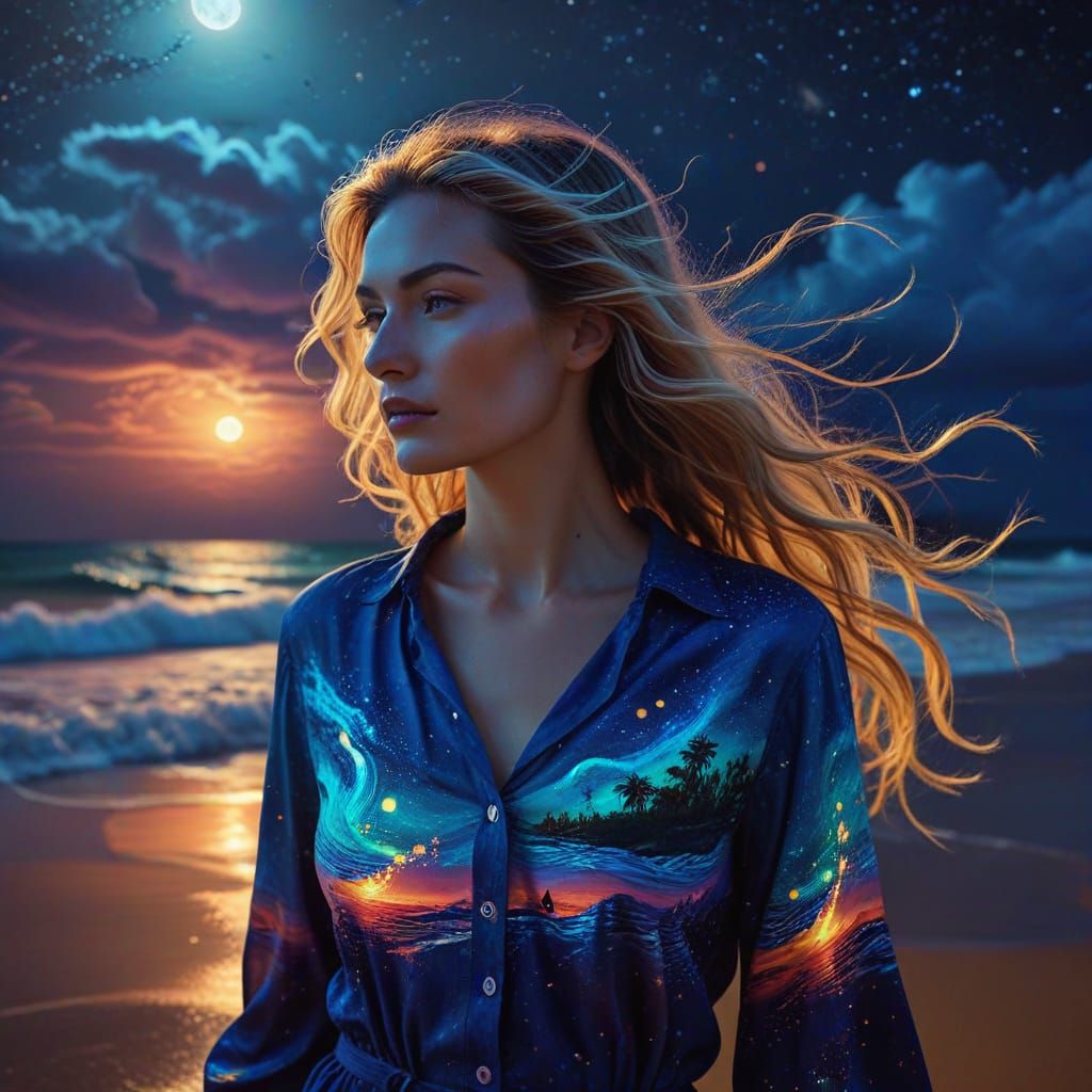 Woman on Moonlit Beach in Surrealist Style