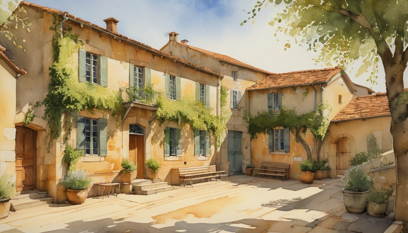 French Village School Yard in Impressionist Watercolor