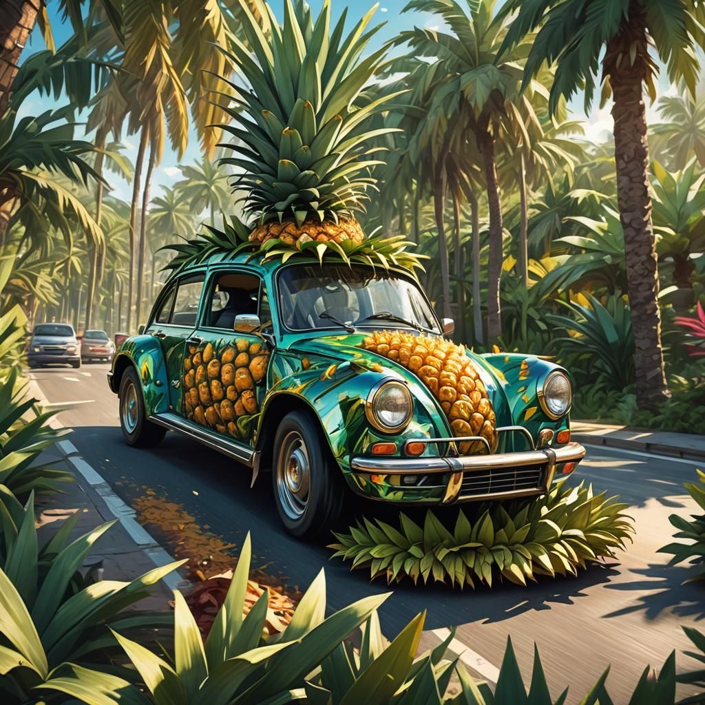 Pineapple Car Speeds Down Tropical Road in Digital Art