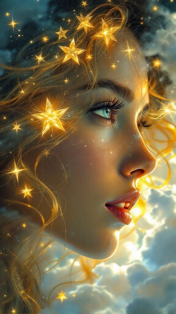Ethereal Woman with Golden Hair and Stars