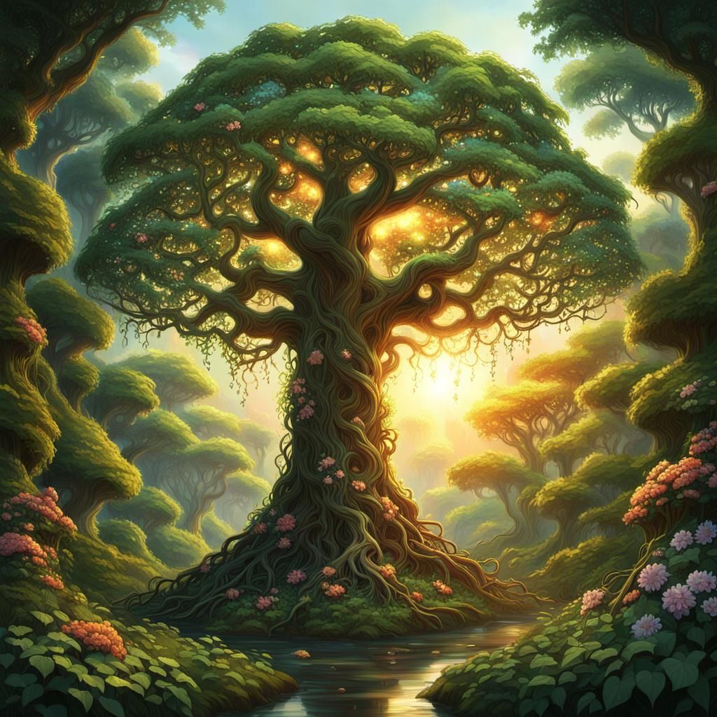 Glowing Tree of Life in Fantasy Forest
