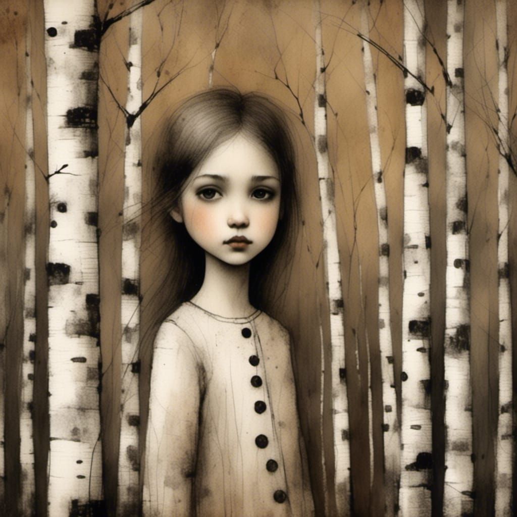 Girl in Spring Birch Forest, Charcoal and Ink Style