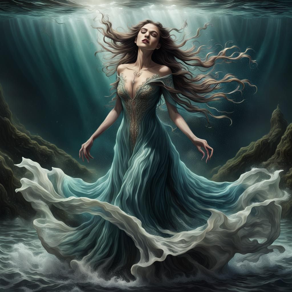 Drowning Woman in a Fantastical Underwater Scene