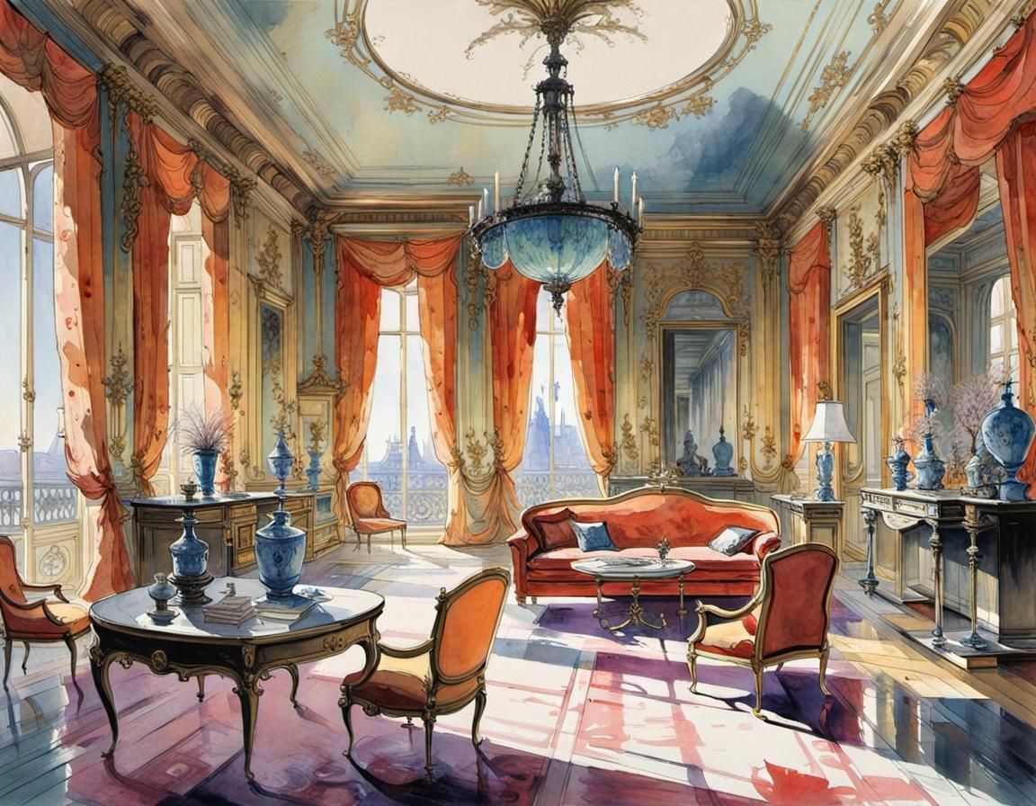 French Palace Interior in Watercolor Style