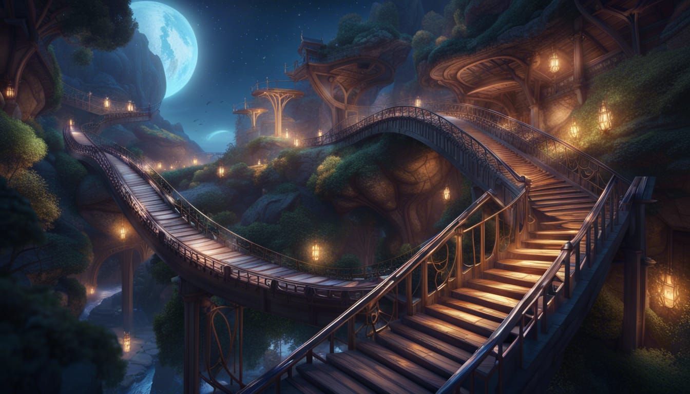 Fantasy World: Bridges and Galaxy in Detailed Illustration