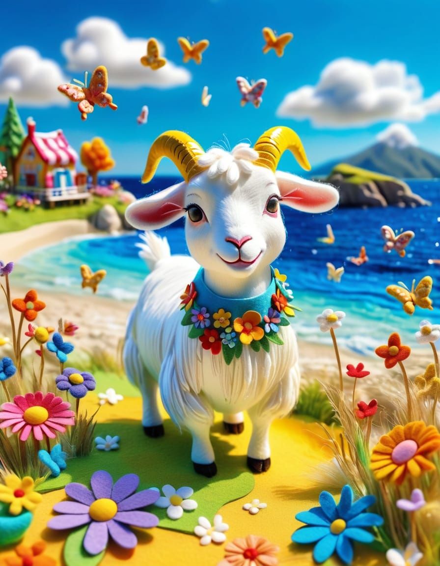 Felt Art Goat on Colorful Beach Holidays