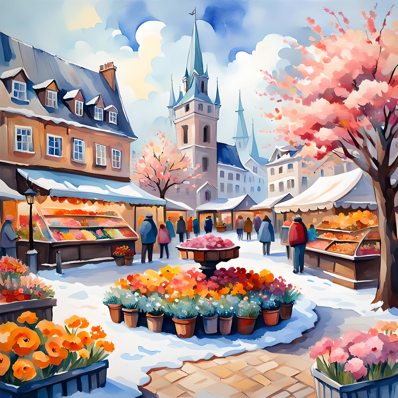 Charming Spring Market in Gouache Impressionist Style