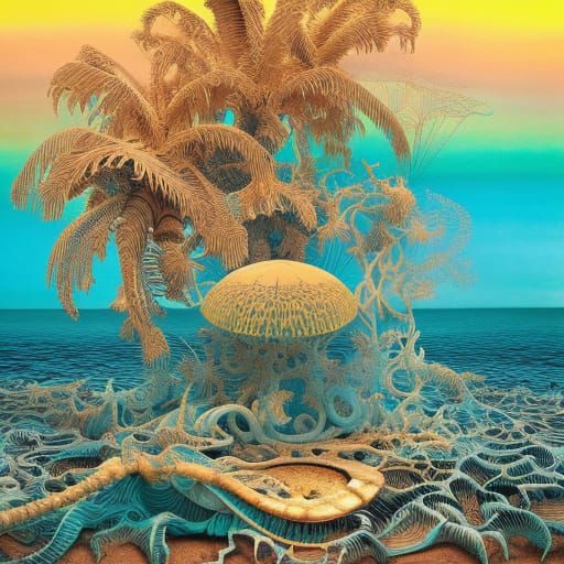 Intricate Tropical Beach Ink Illustration in 8K