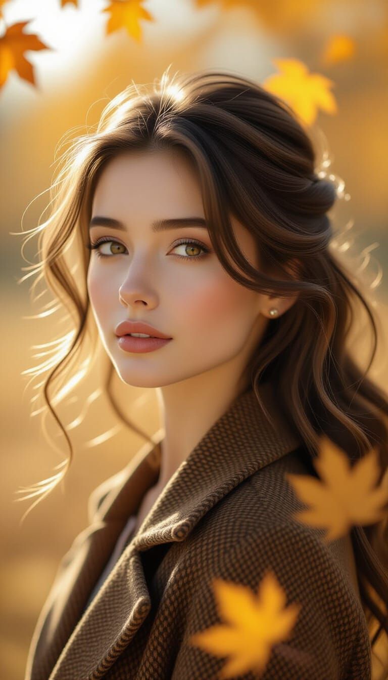 Woman in Sun-Drenched Autumn Moment: Photorealistic Portrait