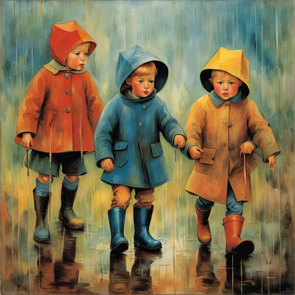 Children Playing in Rain, Whimsical Art Style