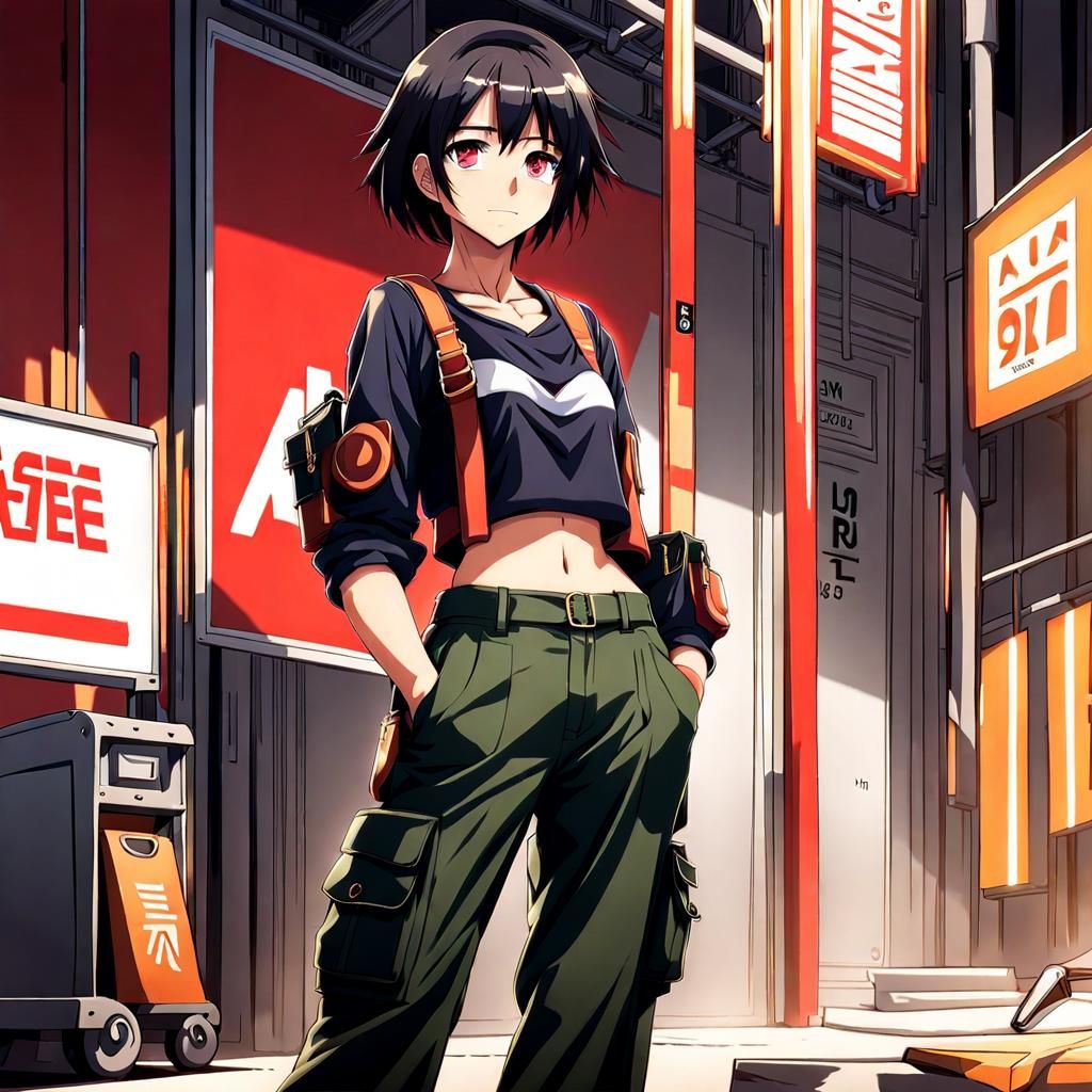Anime Schoolgirl with Black Hair in Urban Outfit