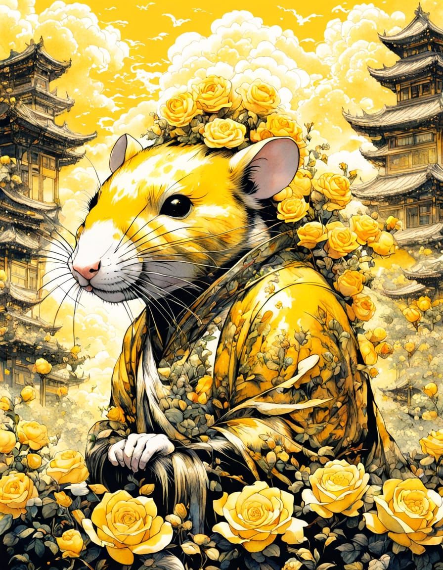 Surreal Yellow Rat in Vibrant Asian Landscape