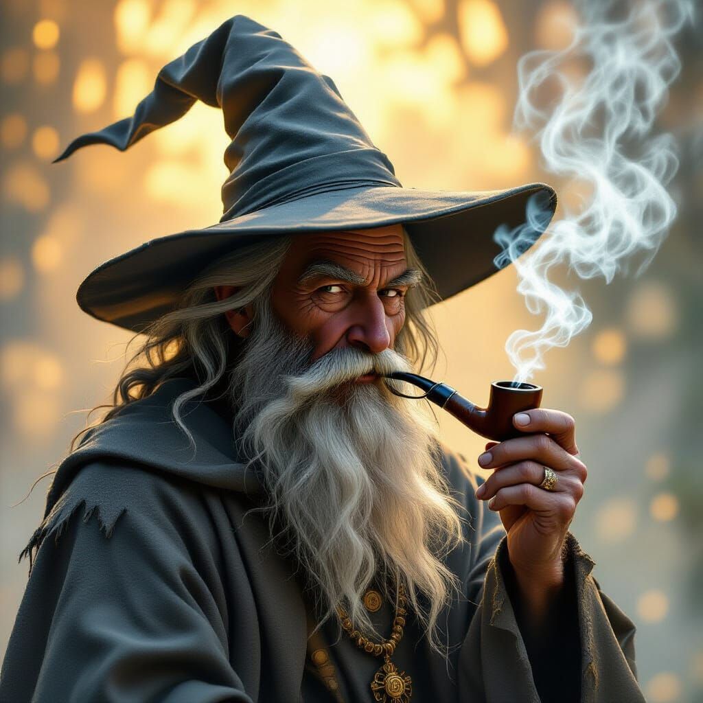 Elderly Wizard Smoking Pipe in Golden Hour Glow