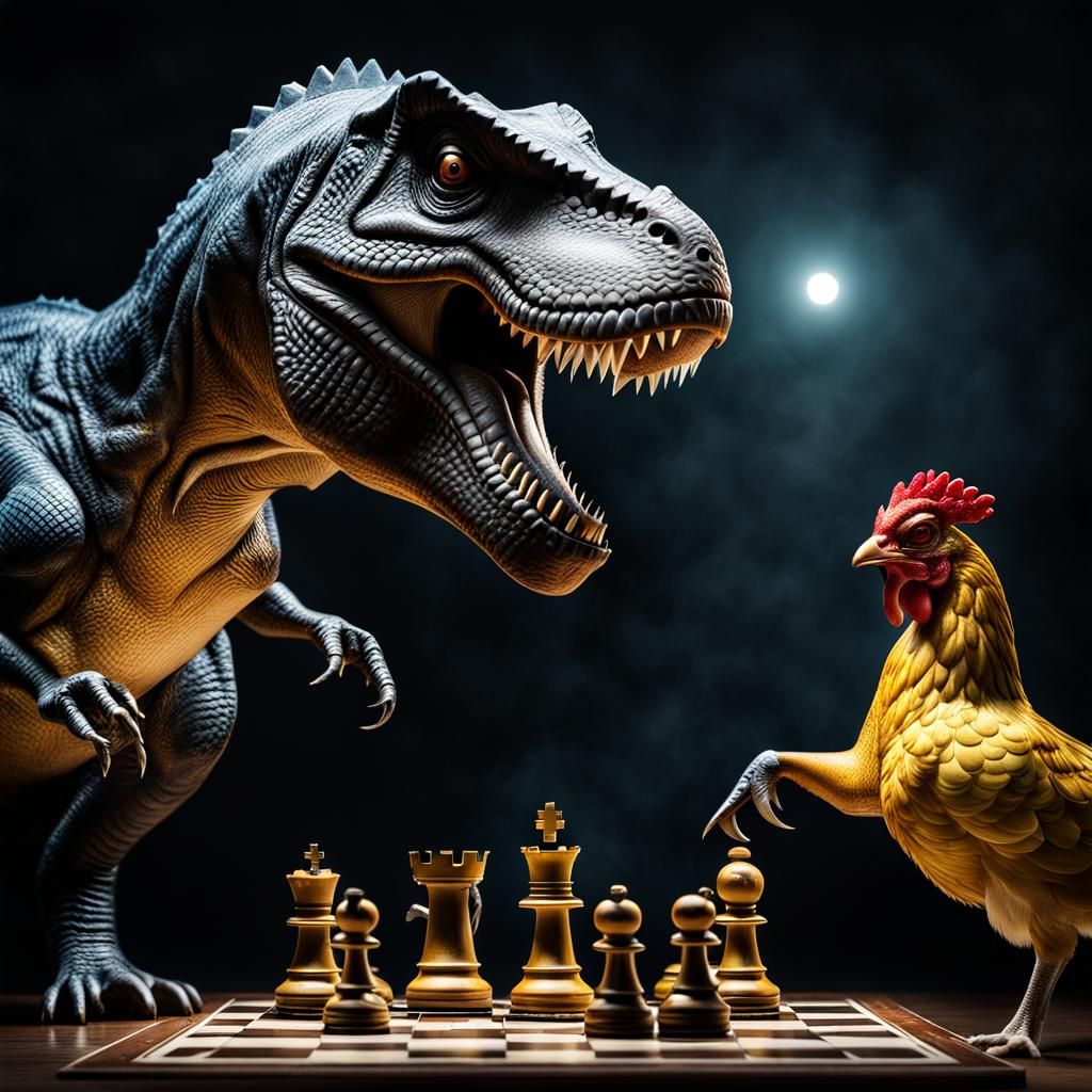 T-Rex Plays Chess with Chicken: Hyperrealistic Detail