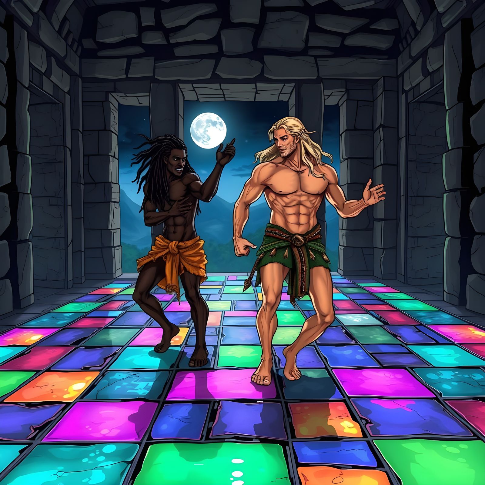 Ancient Temple Disco Scene in Comic Book Art Style