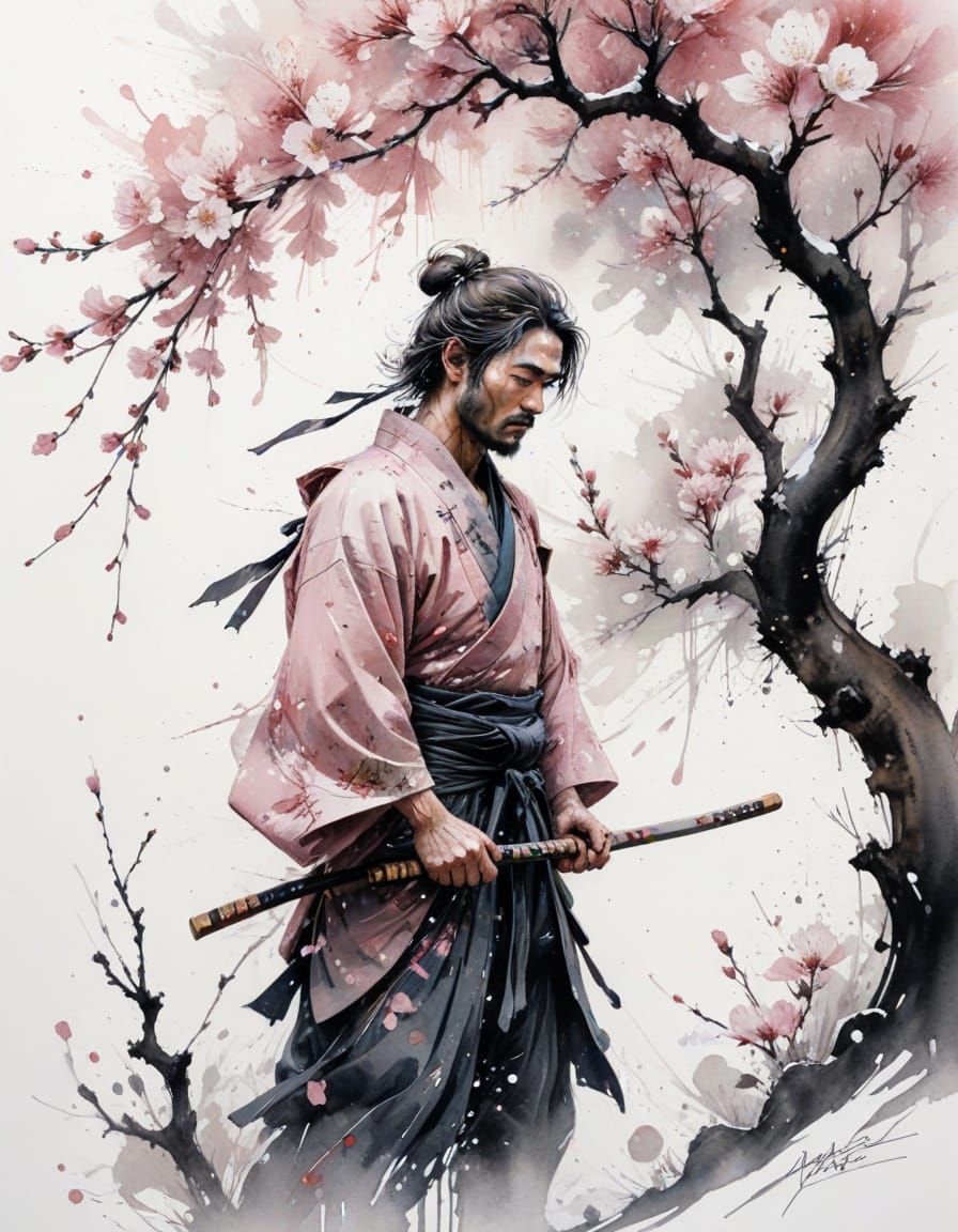Samurai Under Cherry Blossoms in Ink Wash Style