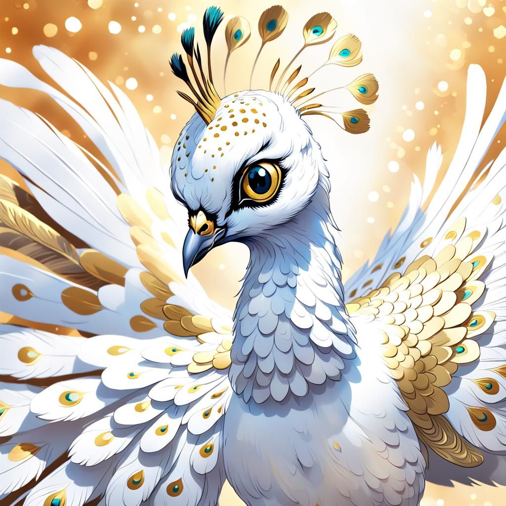 Vibrant Anime White Peacock with Golden Accents
