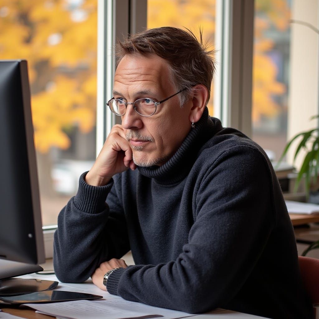 Concentrated Portrait at Computer in Autumn Atmosphere